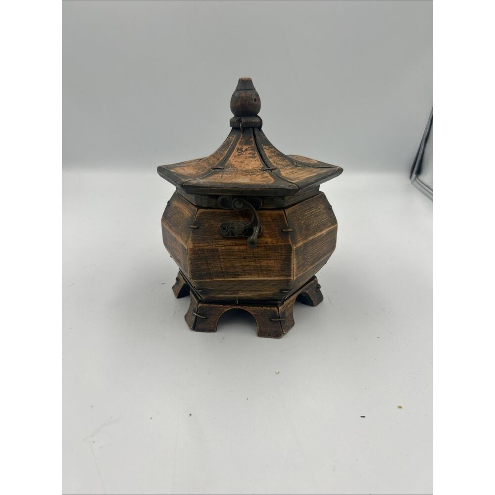 Vintage Asian Pagoda Style Wooden Trinket Box Hexagon Lidded Jewelry Box